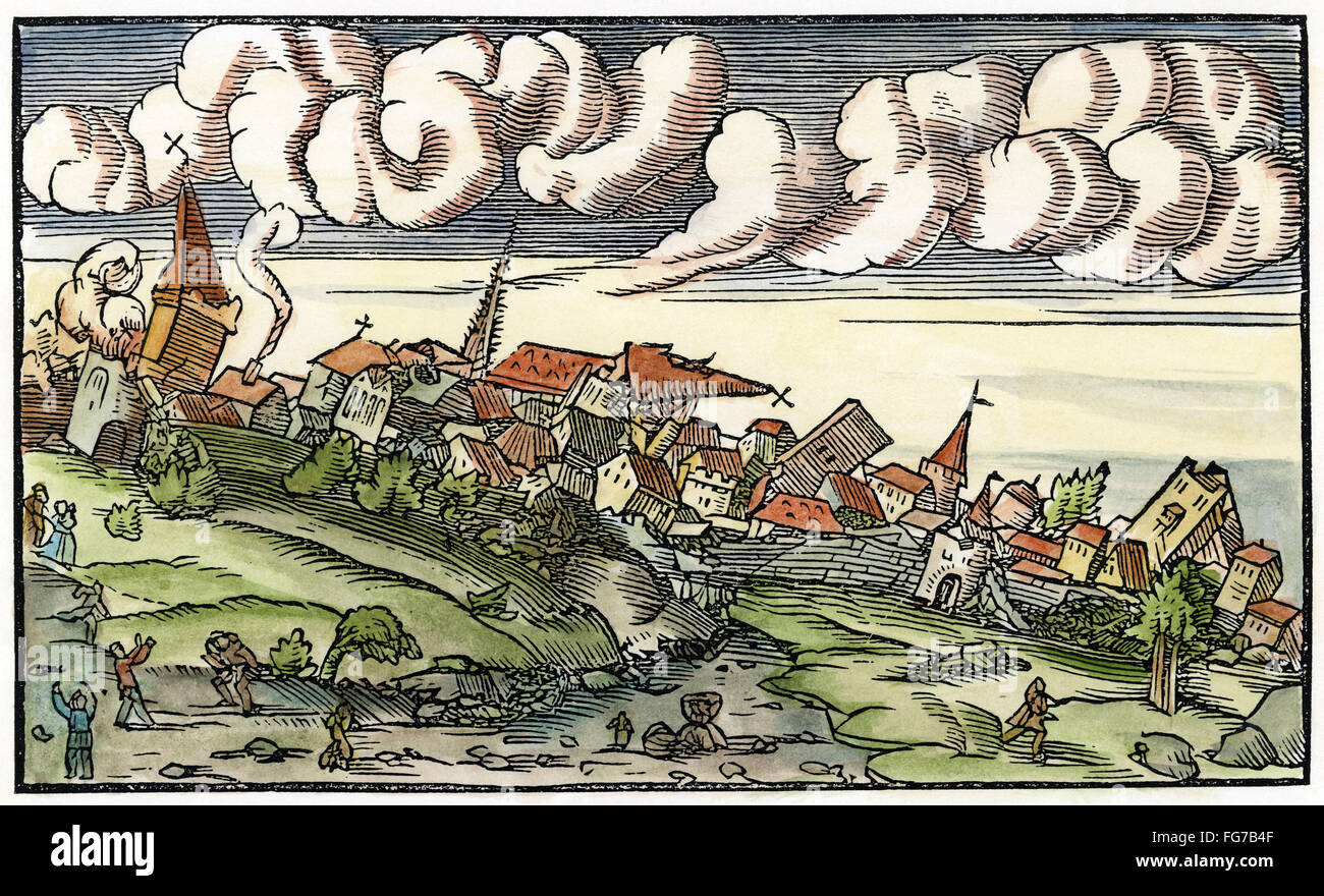 EARTHQUAKE, 1550. /nThe aftermath of an earthquake. Woodcut, 1550. Stock Photo