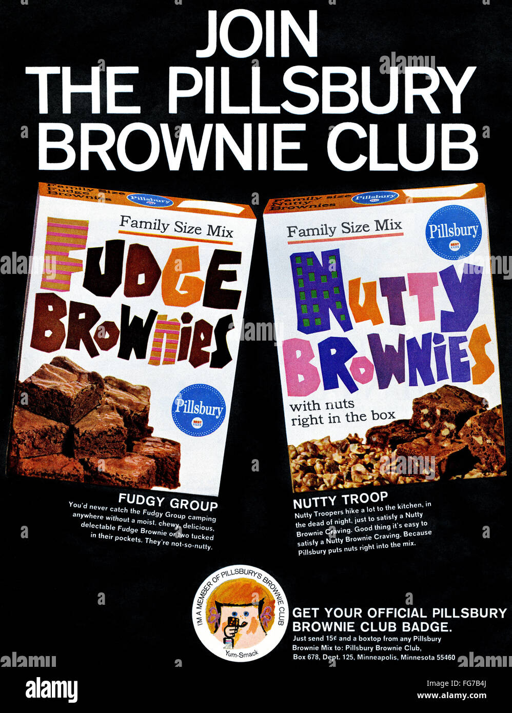 AD PILLSBURY, 1966. /nAmerican advertisement for Pillsbury brownie mix. Photograph, 1966 Stock