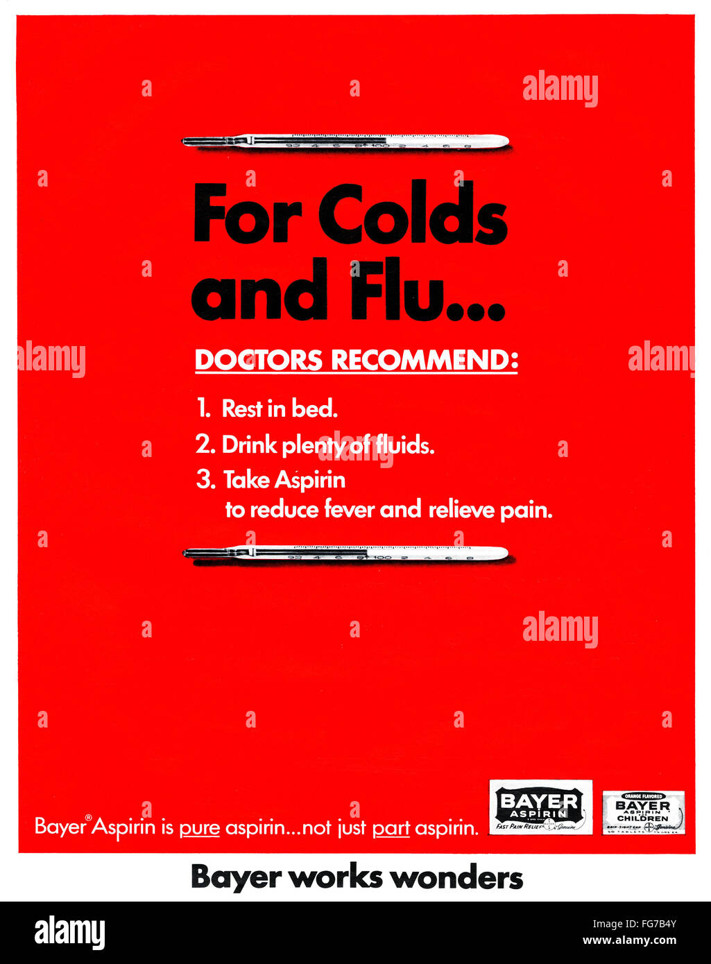 AD BAYER ASPIRIN, 1966. /nAmerican advertisement for Bayer Aspirin. Photograph, 1966 Stock