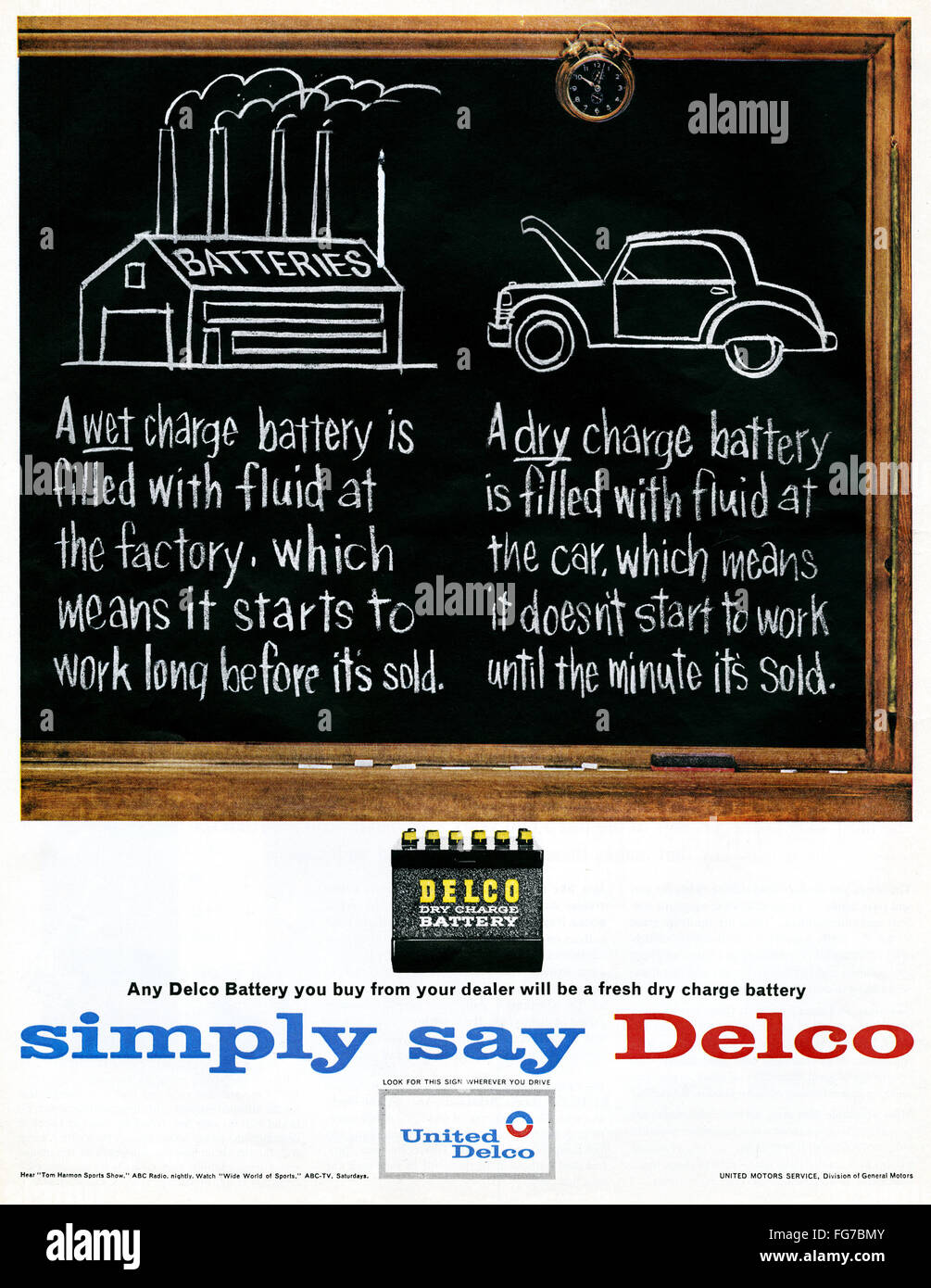 AD: CAR BATTERY, 1963. /nAmerican advertisement for Delco car batteries. Illustration, 1963. Stock Photo