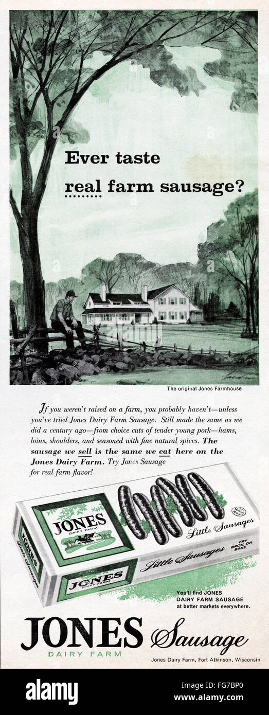 AD SAUSAGE, 1963. /nAmerican advertisement for Jones Dairy Farm