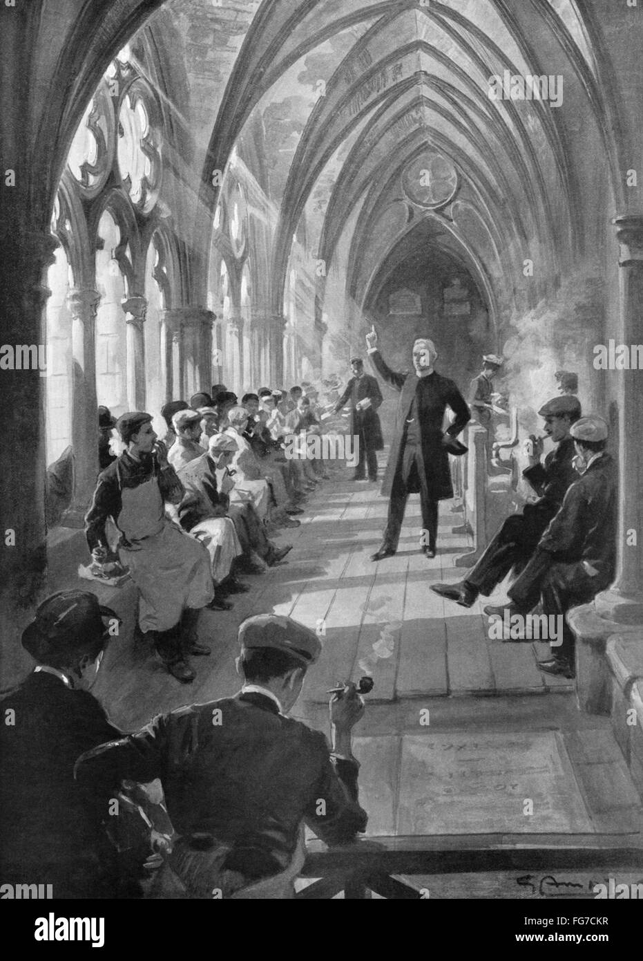 ALBERT BASIL WILBERFORCE /n(1841-1916). Archdeacon of Westminster. Wilberforce holding a dinner-time service for the workmen of the coronation of King Edward VII at Westminster Abbey, May 1902. Contemporary English illustration. Stock Photo