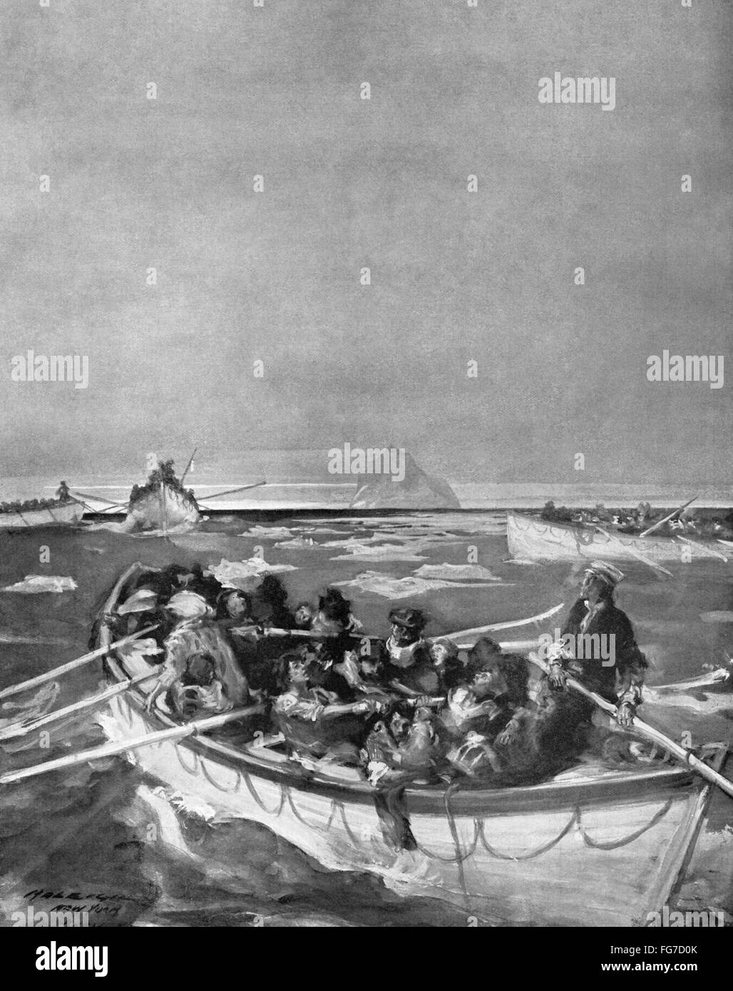 TITANIC LIFEBOAT, 1912. /nBoth men and women rowing a lifeboat to