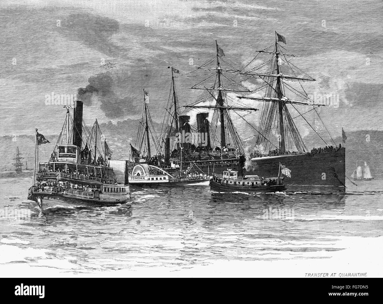 NEW YORK: IMMIGRANT SHIPS. /nTransferring immigrants from quarantined ships in New York Harbor. Wood engraving, American, 1884. Stock Photo