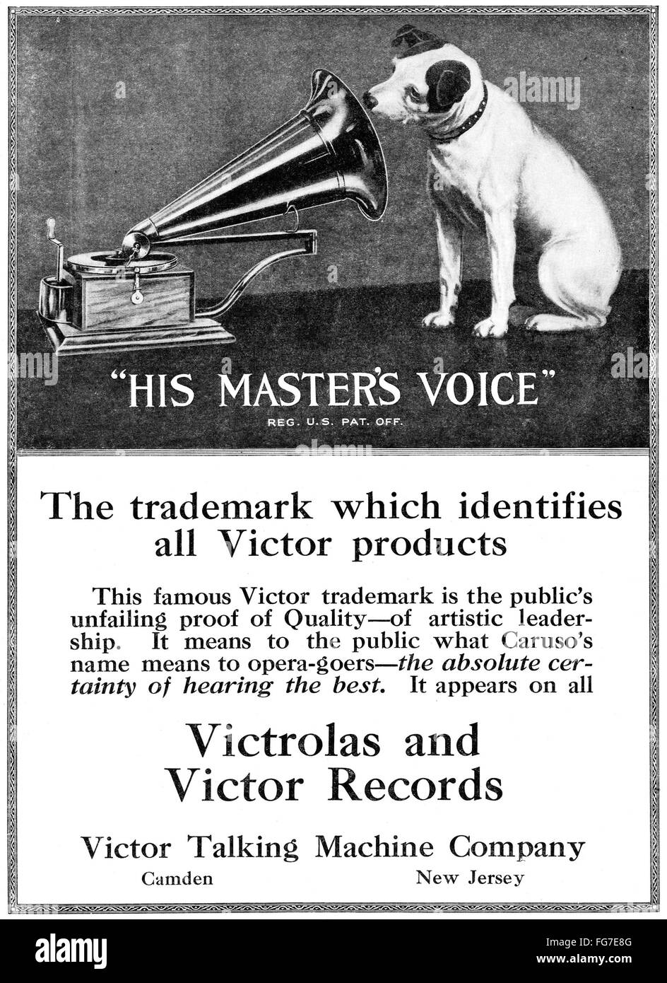 AD: RCA VICTOR, 1920. /nAmerican advertisement for Victorolas and Victor Records. Illustration, 1920. Stock Photo