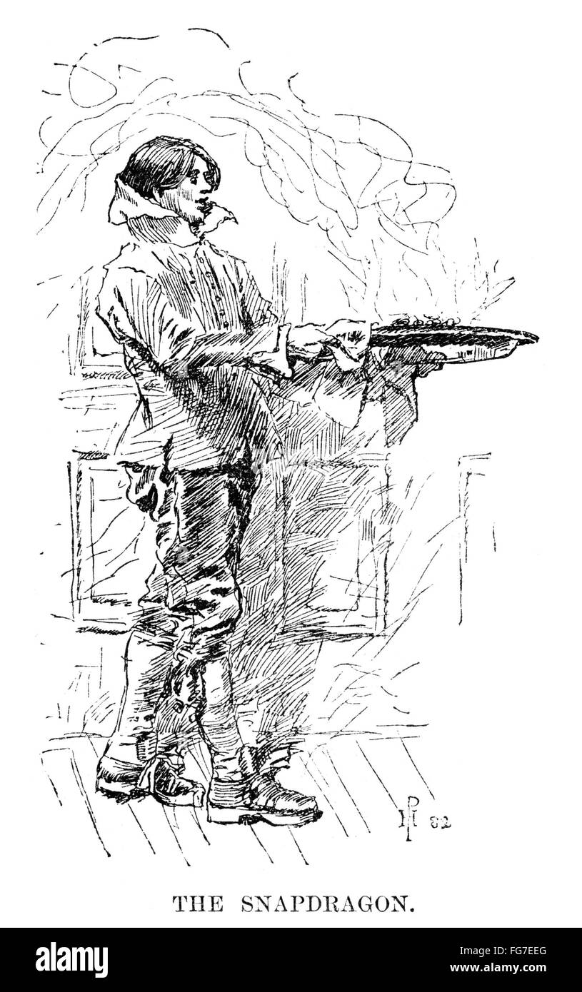 CHRISTMAS SNAPDRAGON. /nMan carrying a dish of flaming alcohol with raisins and nuts floating