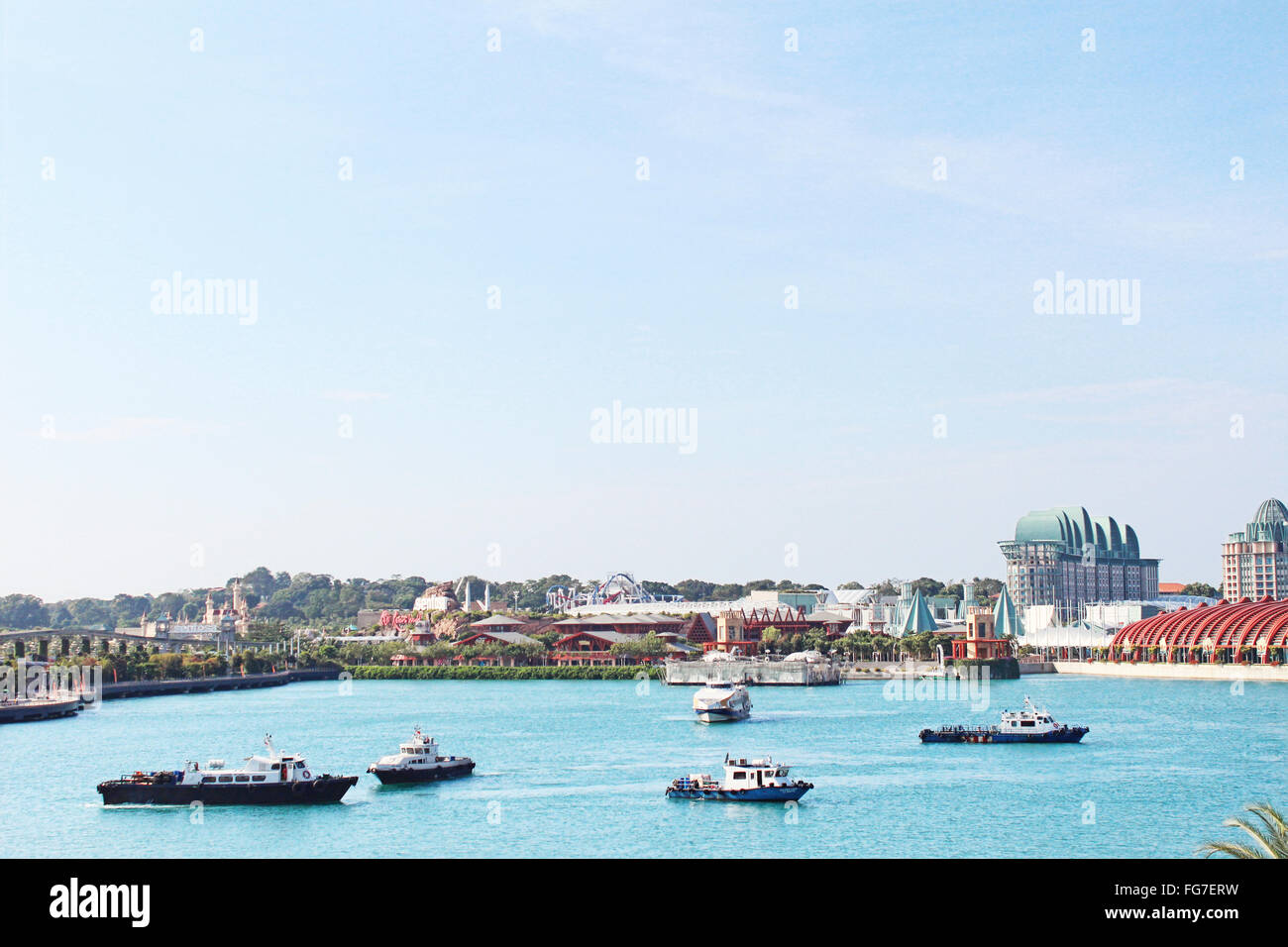 Landscape of Resorts World Sentosa Singapore as seen from roof deck of Vivo City Stock Photo