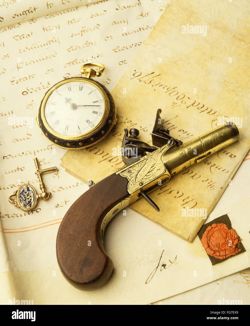 Antique London pistol on ancient scroll, London, England, United Kingdom Stock Photo