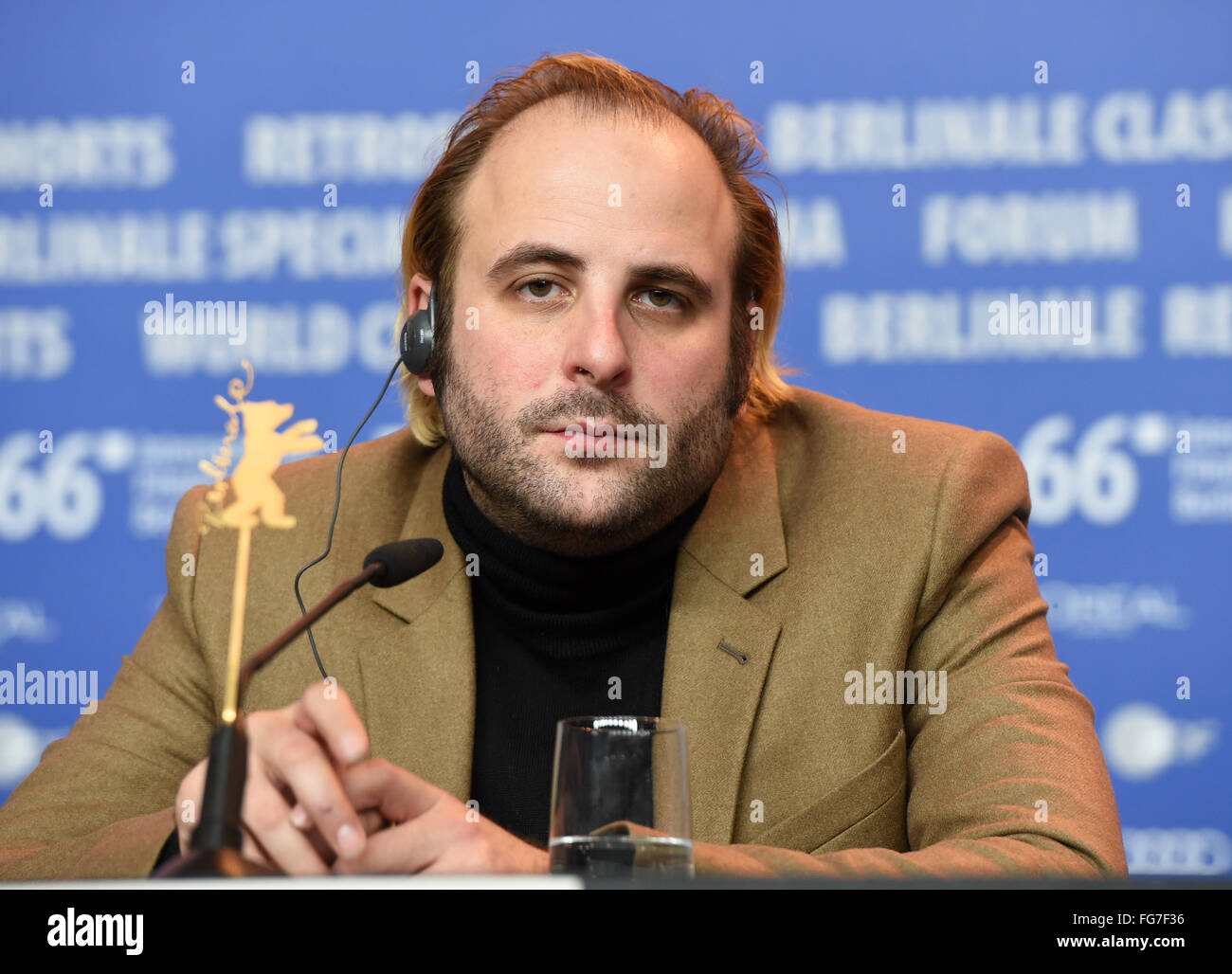Berlin, Germany. 11th Feb, 2016. 66th International Film Festival in Berlin, Germany, 11 February 2016. Press conference 'Des nouvelles de la planete Mars' ('News from planet Mars'): Actor Vincent Macaigne. The film runs in Berlinale section Competition (not in competition). The Berlinale runs from 11 February to 21 February 2016. Photo: Jens Kalaene/dpa/Alamy Live News Stock Photo