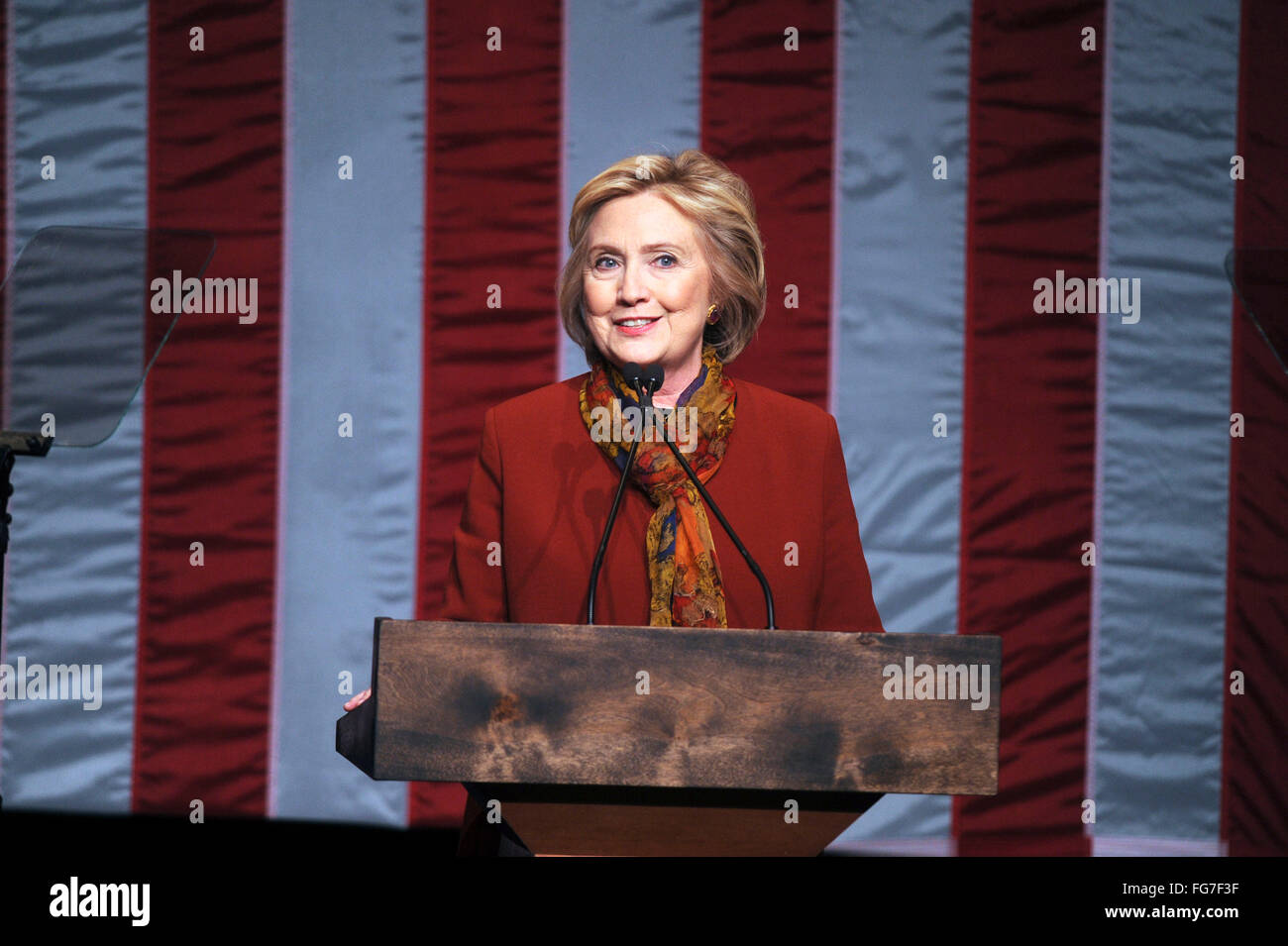 2016 Democratic presidential candidate Hillary Clinton speaks in New York on 'breaking down barriers for African Americans', and her agenda to combat 'systemic racism' and build 'ladders of economic opportunity for African American families. Topics expected to include mass incarceration, poverty, unemployment and voting rights at Schomburg Center for Research in Black Culture in New York on February 16, 2016 Stock Photo