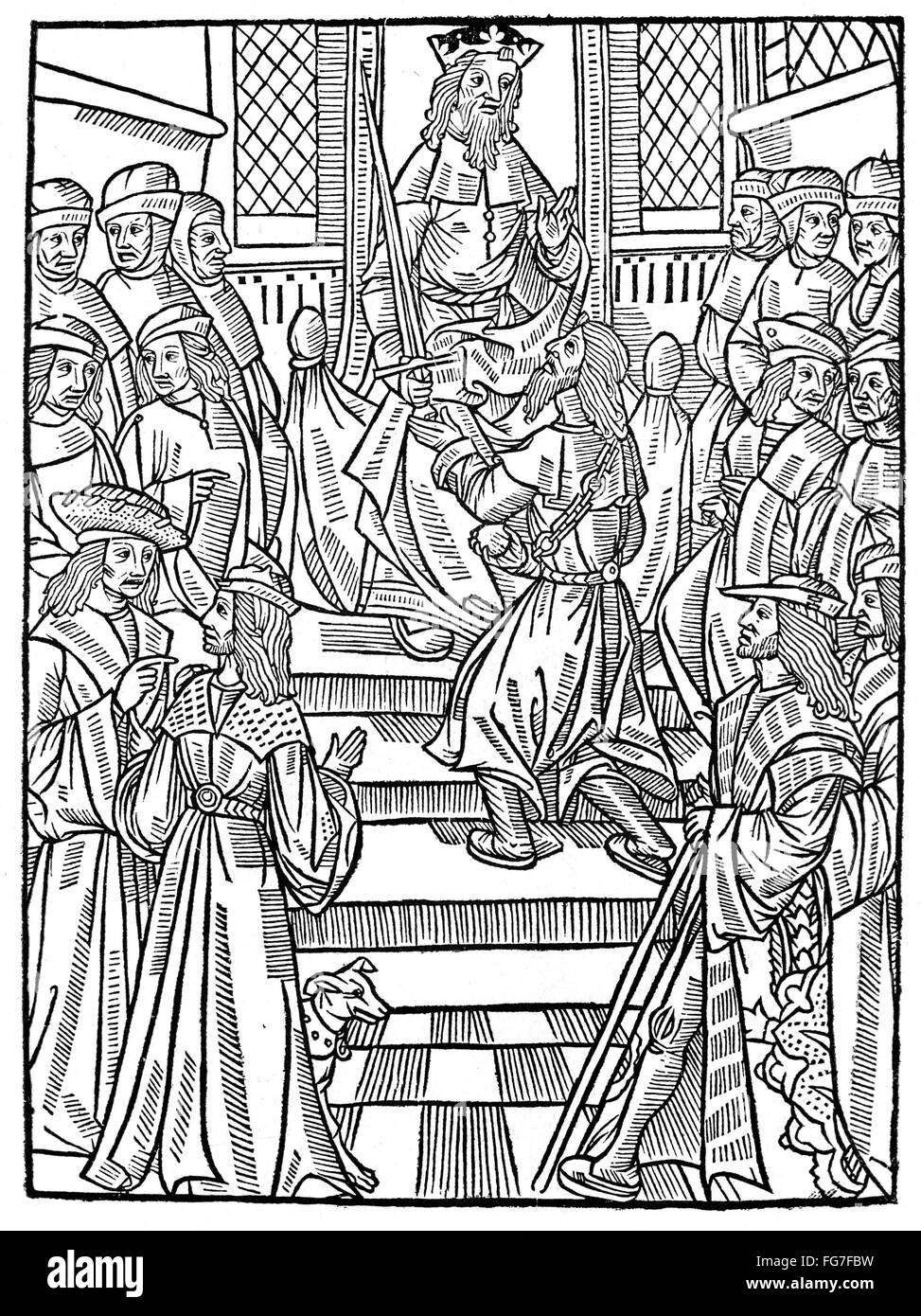 KING PERCEFOREST. /nPerceforest, a follower of Alexander the Great, and Greek ancestor of King Arthur. Woodcut from 'History of King Perceforest, of Great Britian,' published in Paris by Gilles de Gourmont, 1531-2. Stock Photo