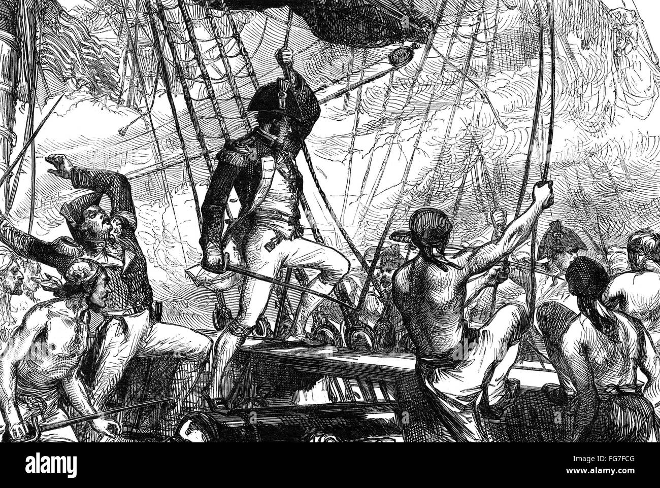 WAR OF 1812: NAVAL BATTLE. /nThe capture of the HMS Frolic, under Commander Thomas Whinyates, during the battle with the American sloop-of-war USS Wasp, under the command of Jacob Jones, 18 October 1812. Engraving, American, 1881. Stock Photo