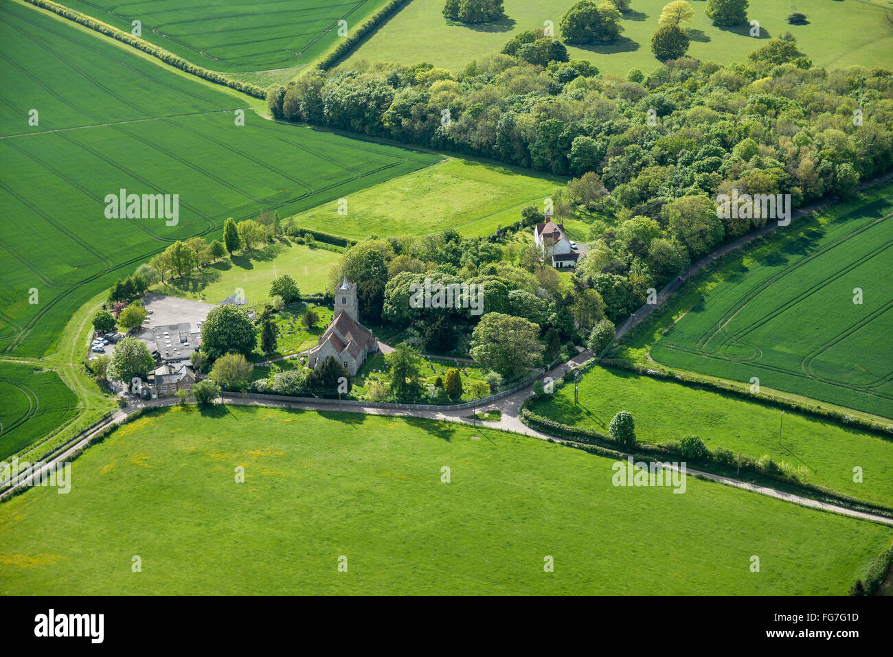 An aerial view of a typical English countryside church Stock Photo