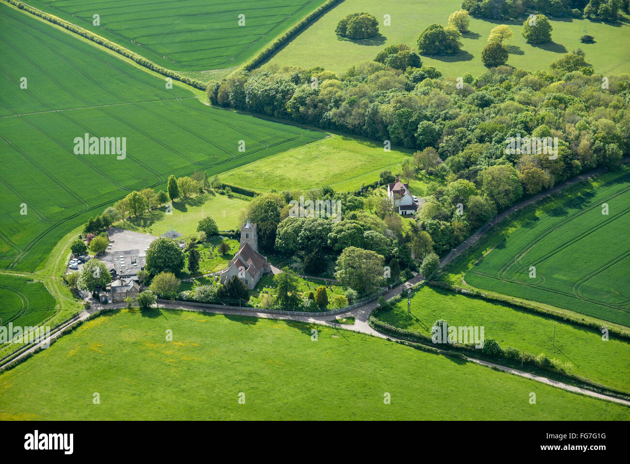 An aerial view of a typical English countryside church Stock Photo