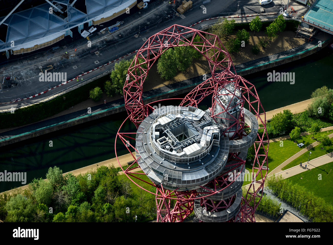 An aerial view of the ArcelorMittal Orbit on the Olympic Park, Stratford, East London Stock Photo