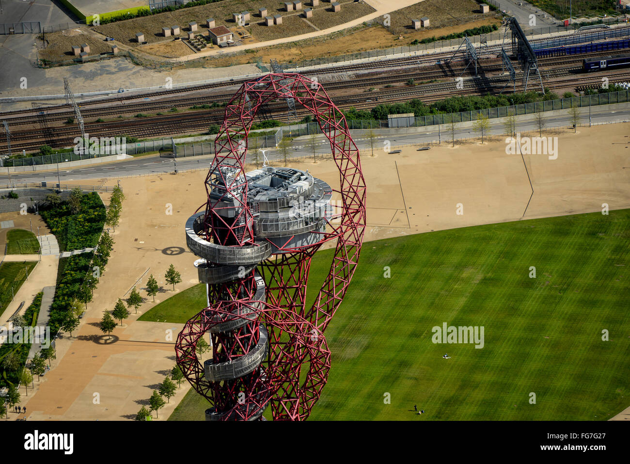 An aerial view of the ArcelorMittal Orbit on the Olympic Park, Stratford, East London Stock Photo
