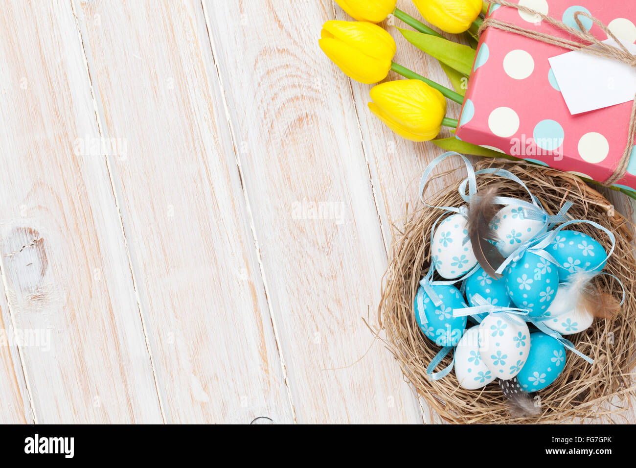 Easter background with blue and white eggs in nest, yellow tulips and ...