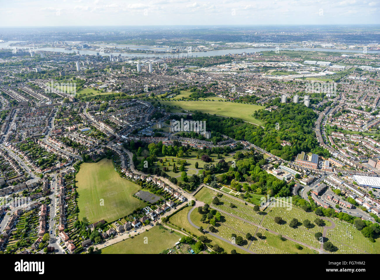 An aerial view of the areas of Woolwich and Shooters Hill, South London Stock Photo