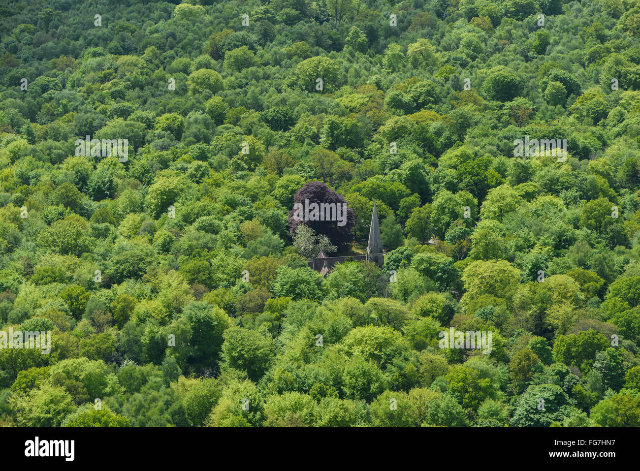 An aerial view of the spire of Loughton High Beach Church poking