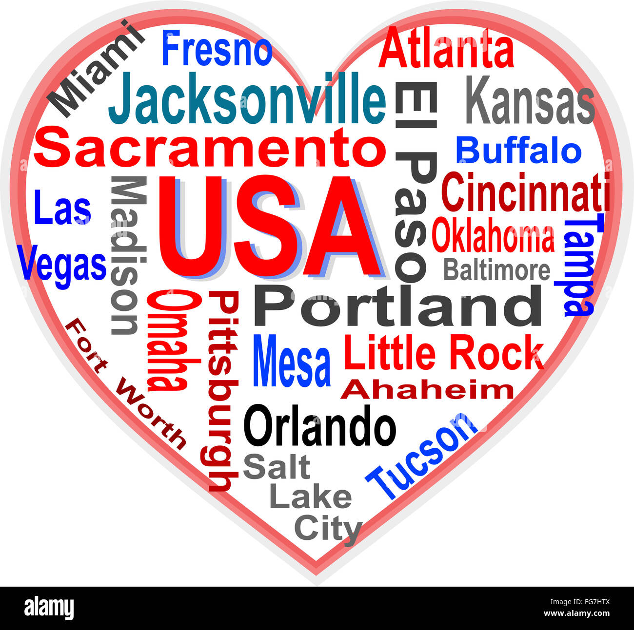 USA Heart words cloud with larger american cities Stock Photo