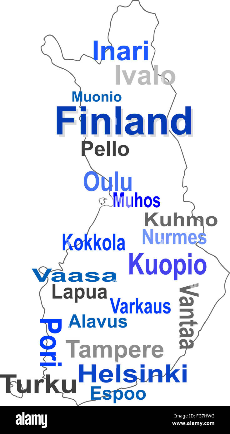 finland map and words cloud with larger cities Stock Photo