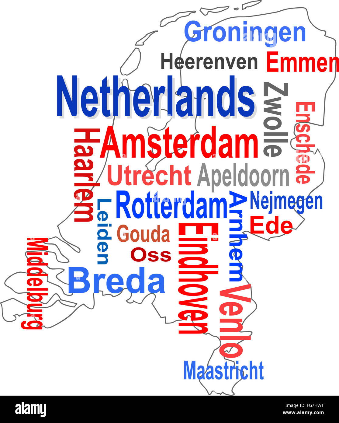 holland map and words cloud with larger cities Stock Photo