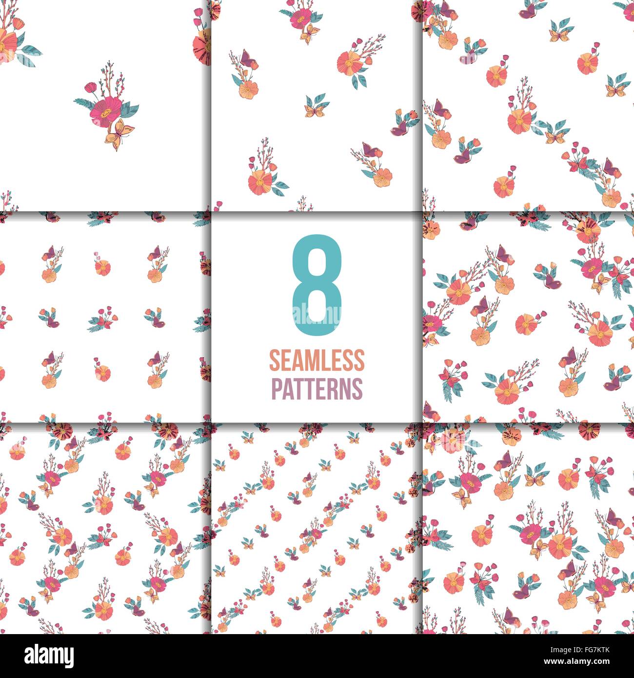 Floral Seamless Vintage Wildflowers Pattern Set Stock Vector Image ...
