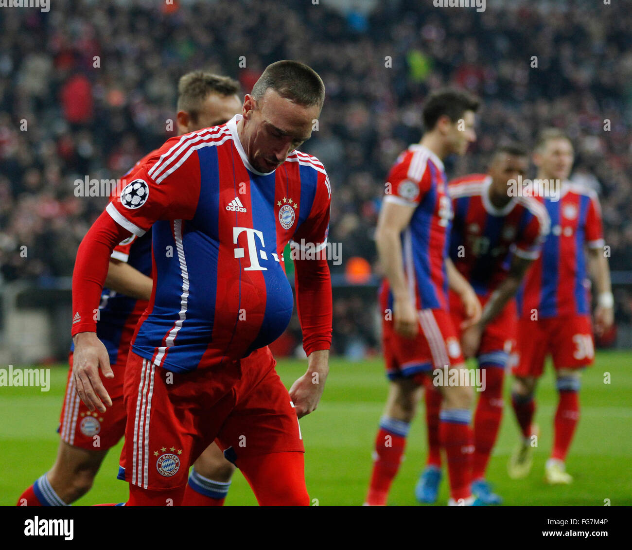 MUNICH, GERMANY - MARCH 11 2015: Bayern Munich's midfielder Franck Ribery celebrates scoring a goal during the UEFA Champions League match between Bayern Munich and FC Shakhtar Donetsk. March 11, 2015 in Munich, Germany. Stock Photo