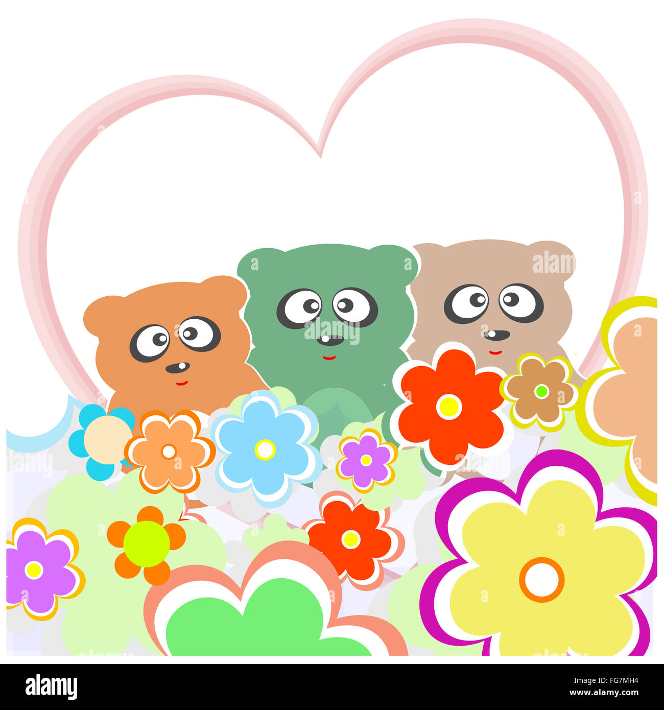 set teddy bear with many flowers and love heart Stock Photo - Alamy