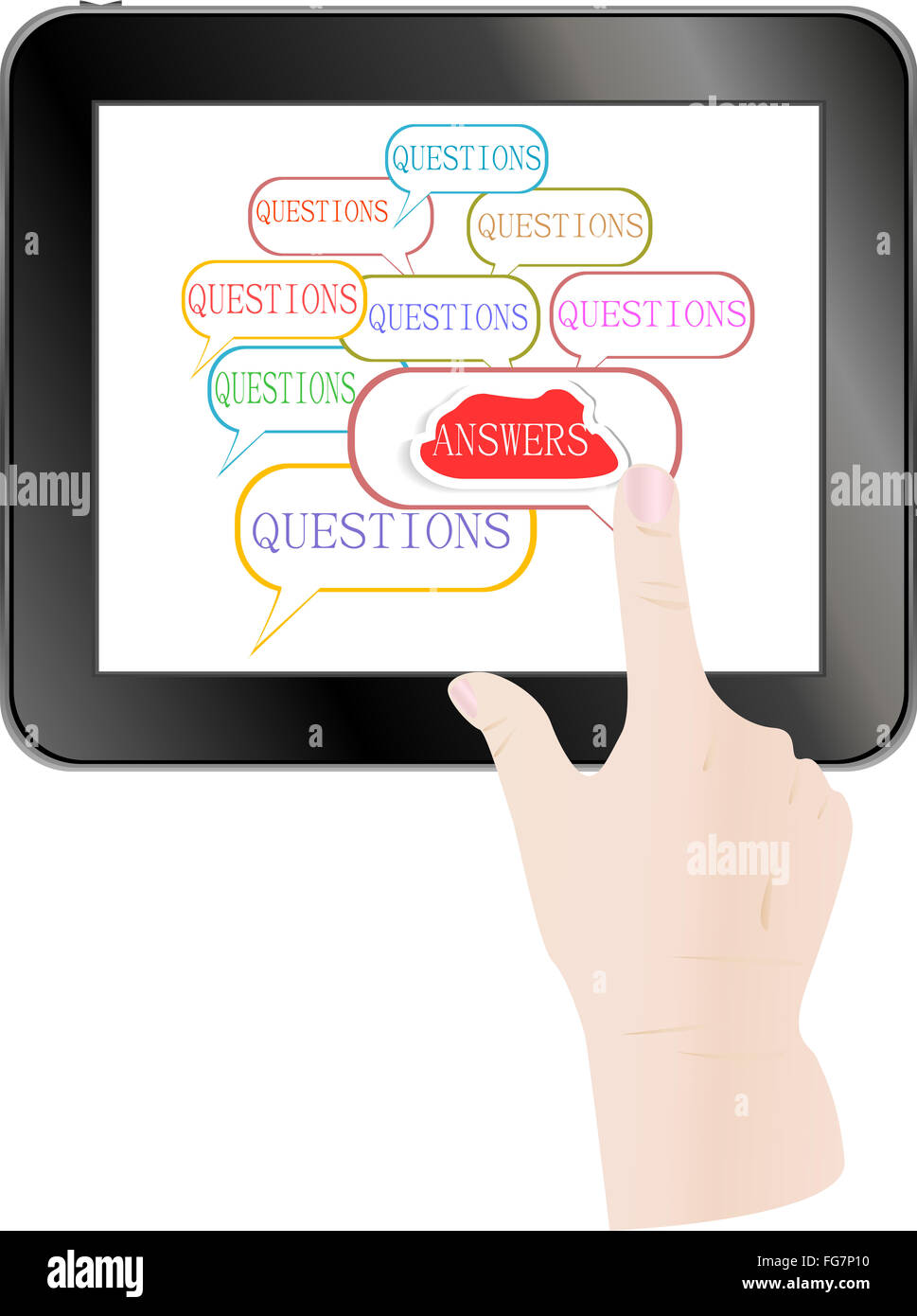 Hand check answer cloud on Touch screen of Tablet PC Stock Photo