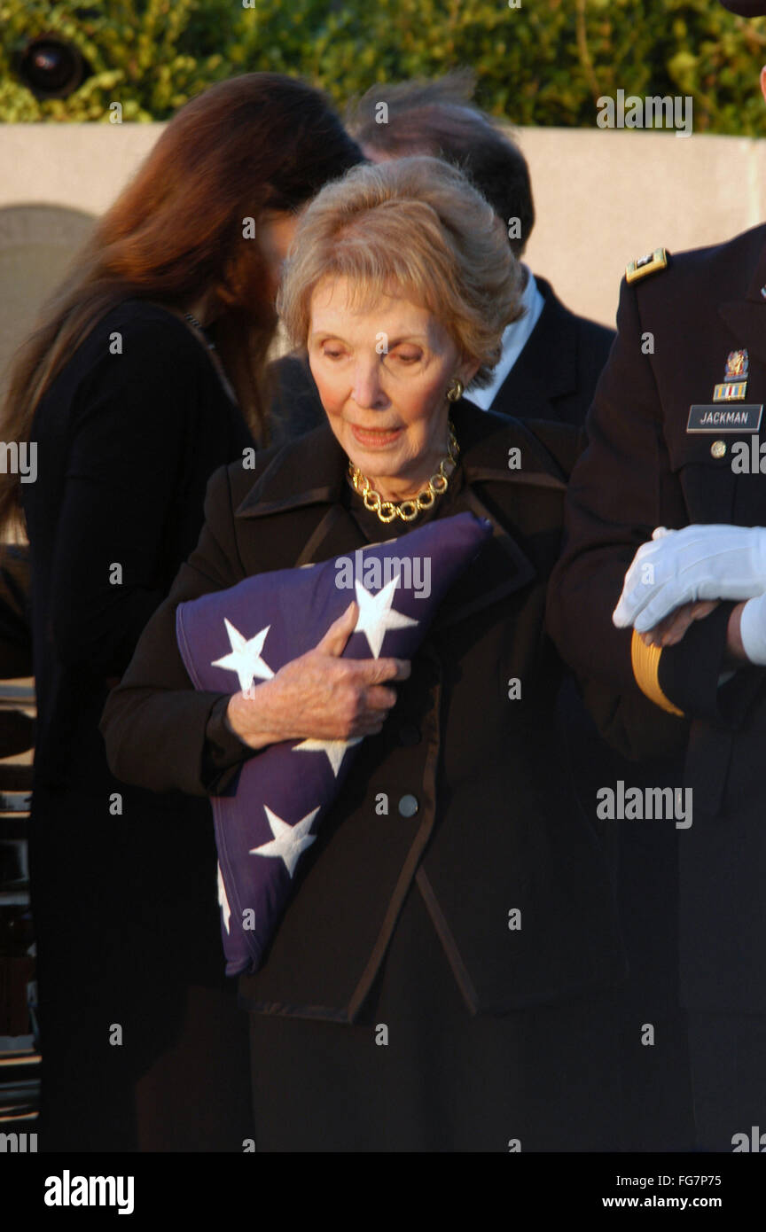 REAGAN FUNERAL, 2004. /nFormer First Lady Nancy Reagan with the flag from the coffin of her late husband Ronald Reagan during funeral services in Simi Valley, California. Photograph, 11 June 2004. Stock Photo