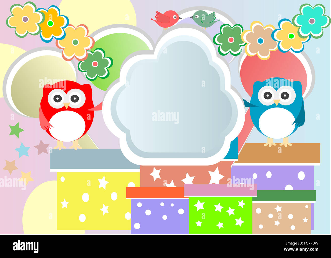 Vector birthday party card with cute owl and birds Stock Photo - Alamy