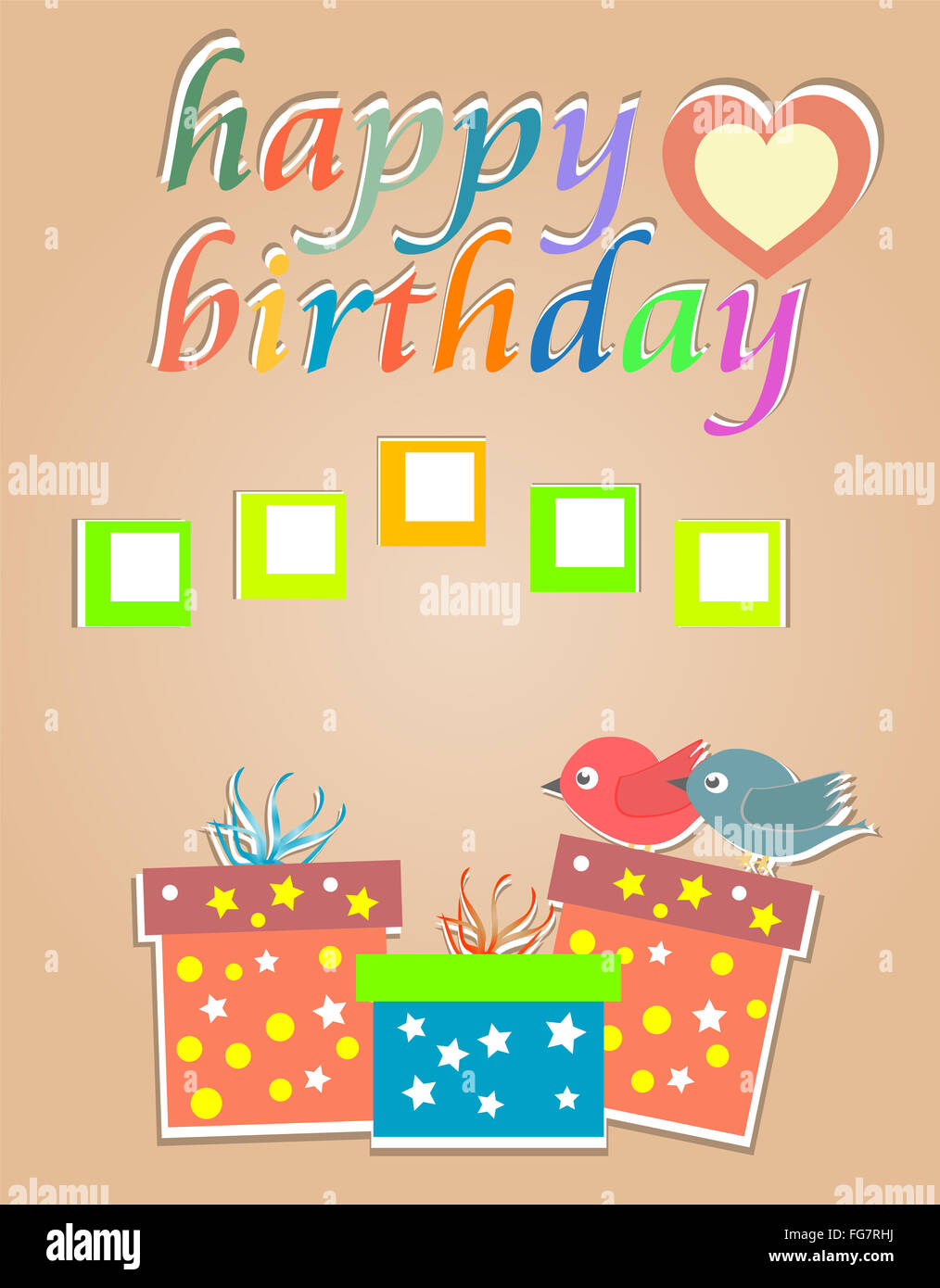 vector happy birthday cards with cute birds and gift box Stock Photo