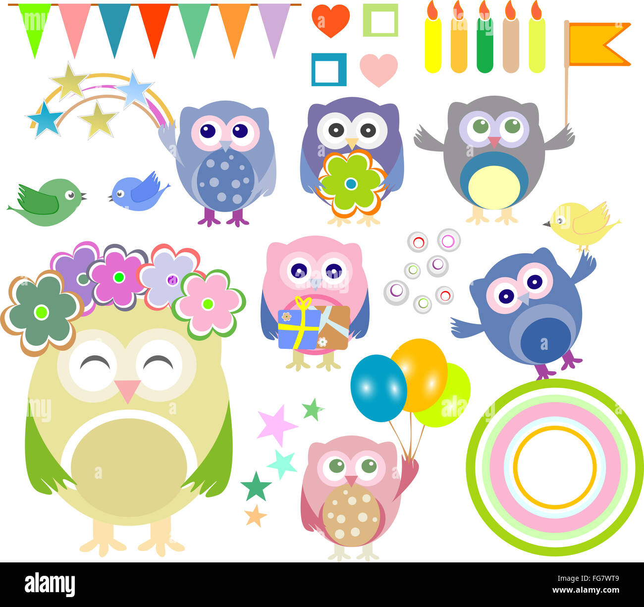Set of vector birthday party elements with cute owls Stock Photo - Alamy