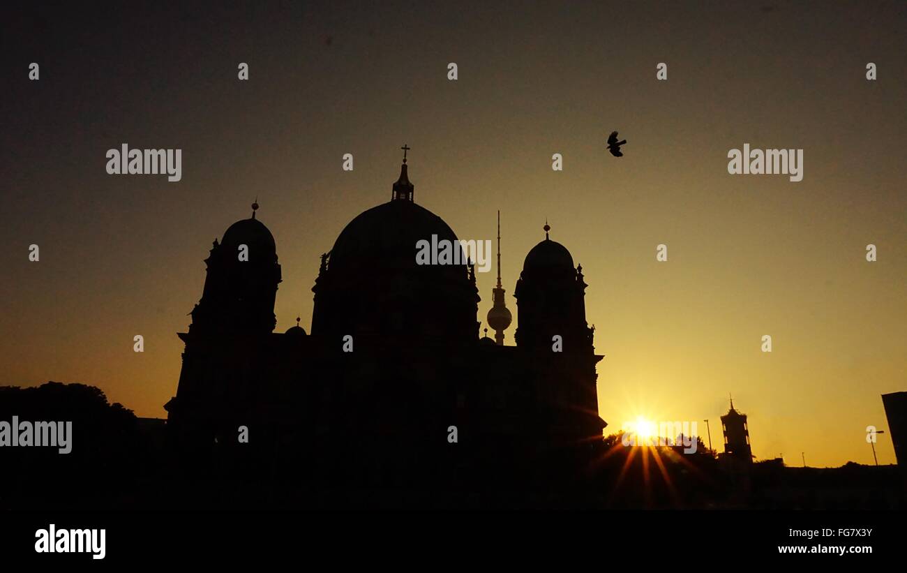Low Angle View Of Silhouette Bird Flying By Berlin Cathedral Against Sunset Sky Stock Photo