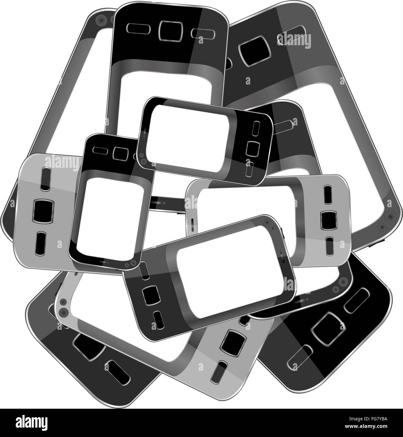 Black smart phones set on white background Stock Photo