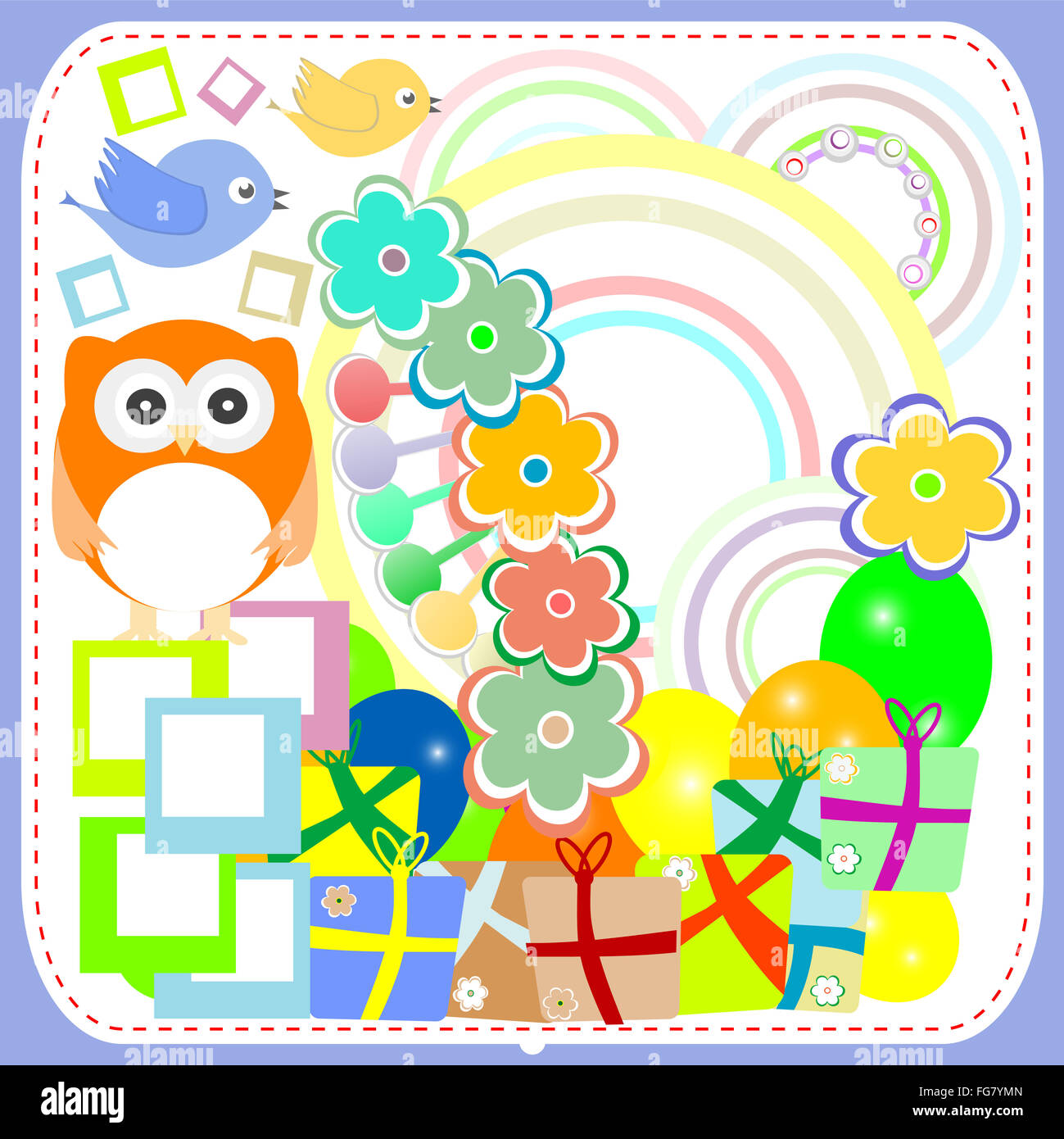 birthday party card with cute birds and owl on gift boxes Stock Photo ...