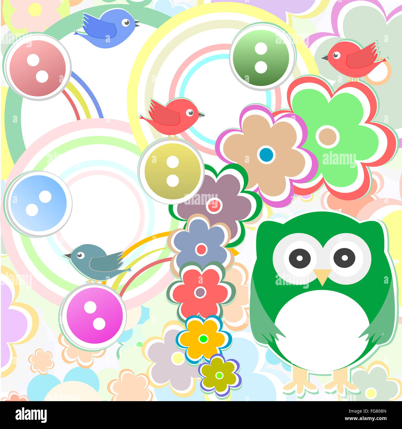 Template greeting card with owl bird and flowers, scrap Stock Photo - Alamy