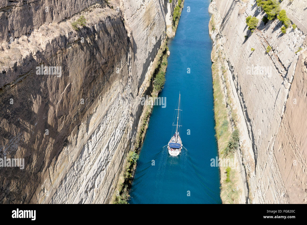 A yacht passing through the Corinth Canal, Greece Stock Photo