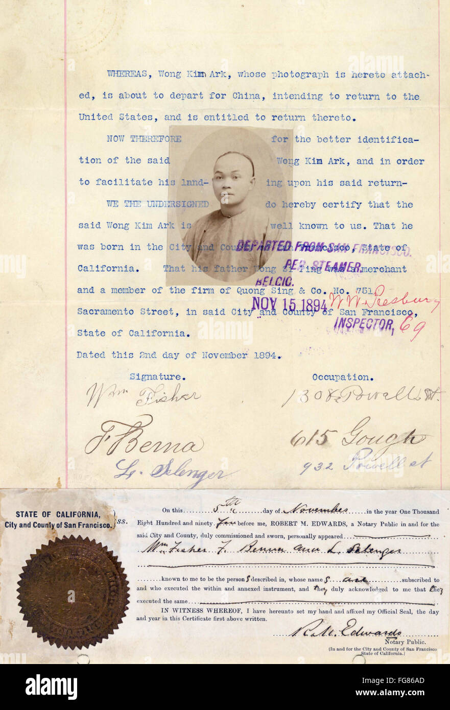 WONG KIM ARK (c1870-?). /nChinese-American citizen, subject of Supreme Court case United States v. Wong Kim Ark, which ruled that United States-born children of immigrants could not be denied citizenship. Identification document, 1894. Stock Photo