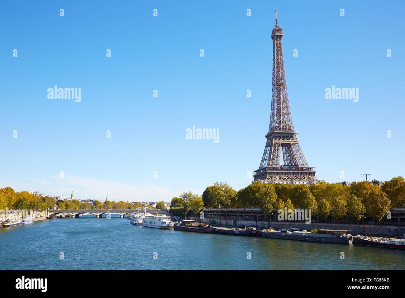 Eiffel tower and Seine river in a clear sunny day, autumn in Paris Stock Photo