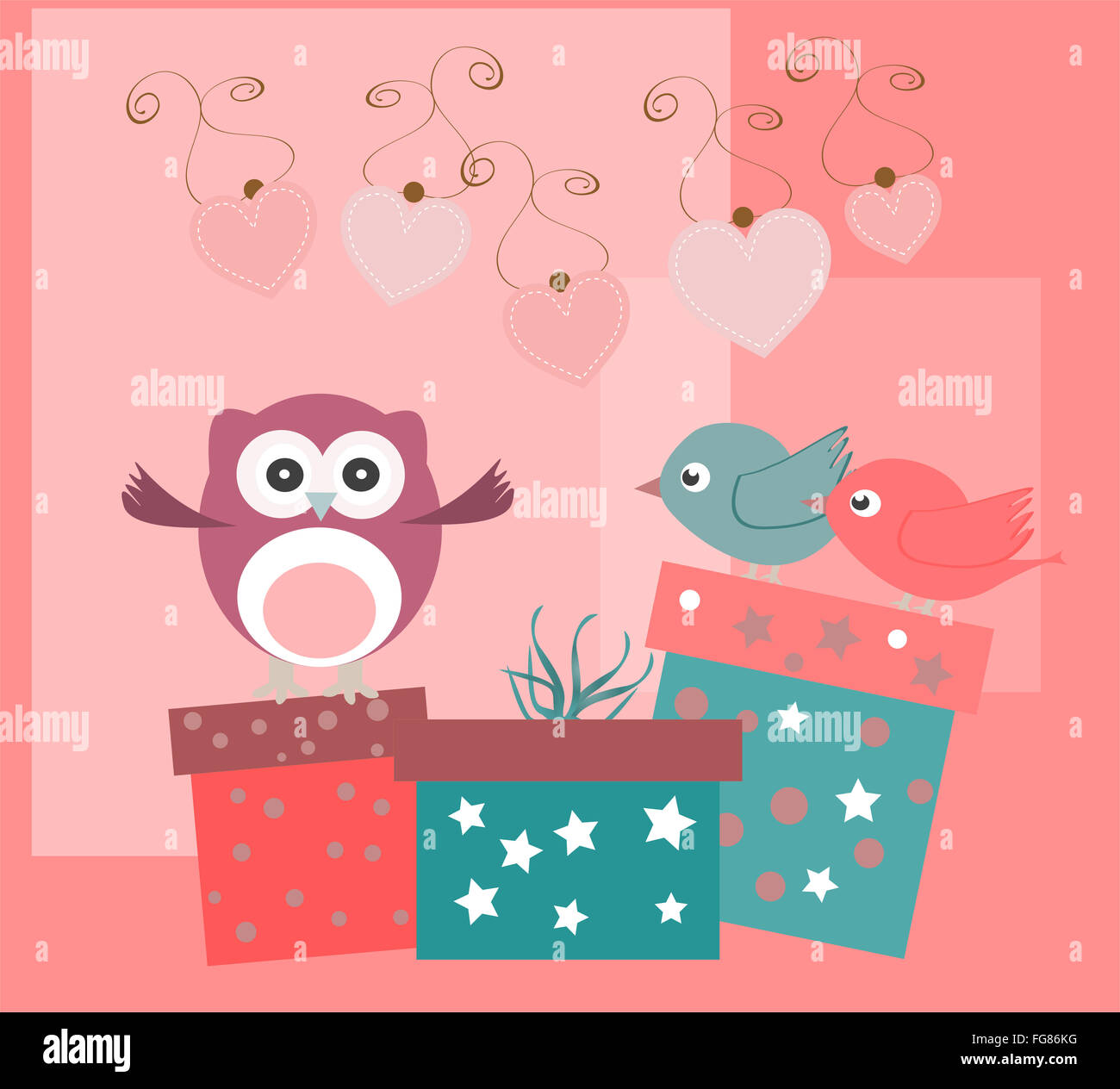 birthday party elements with cute owls, birds, hearts and flowers Stock ...