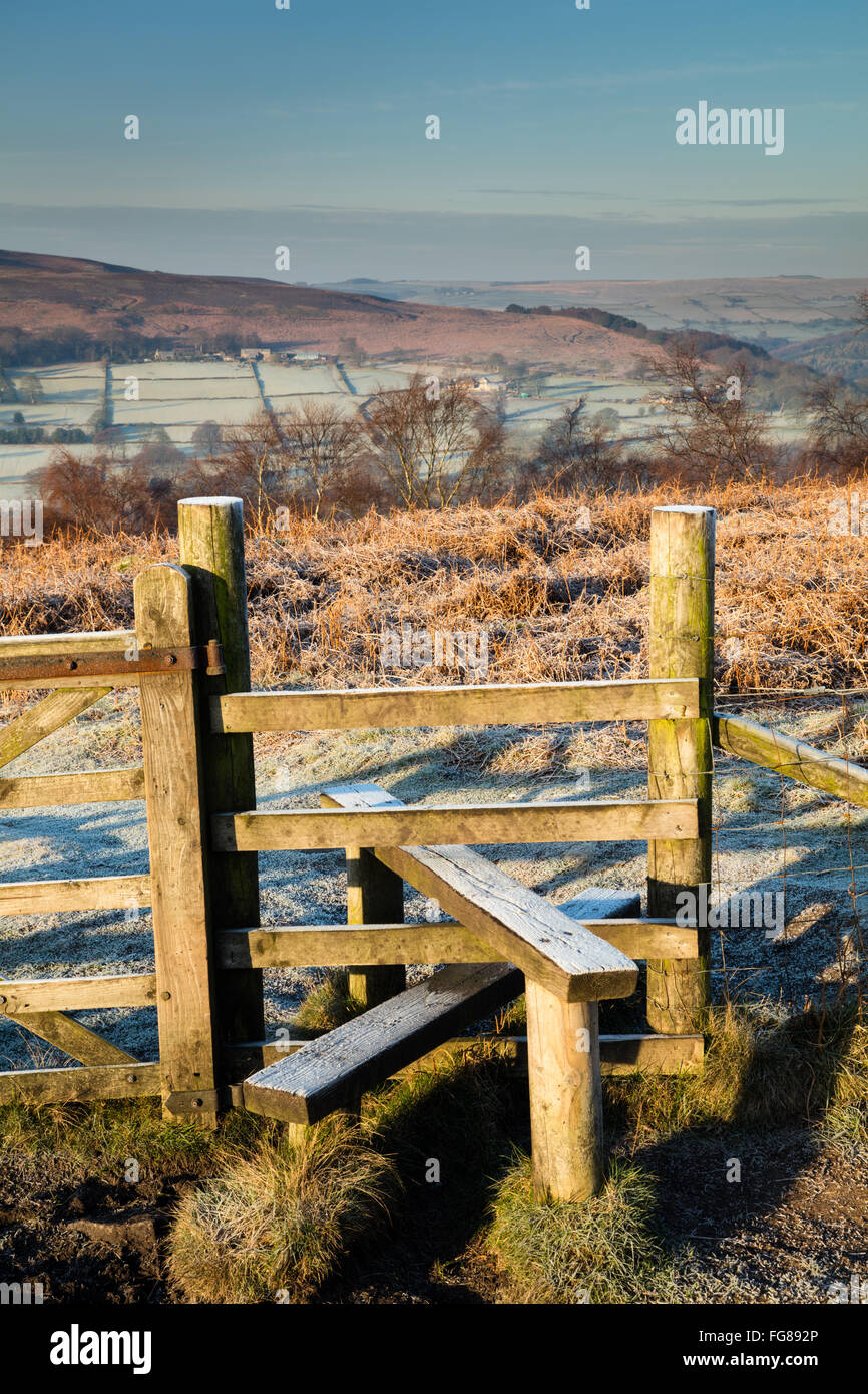 Frosty morning from above Bole Hill Quarry in the Peak District, Derbyshire. Winter conditions, February, 2016. Stock Photo