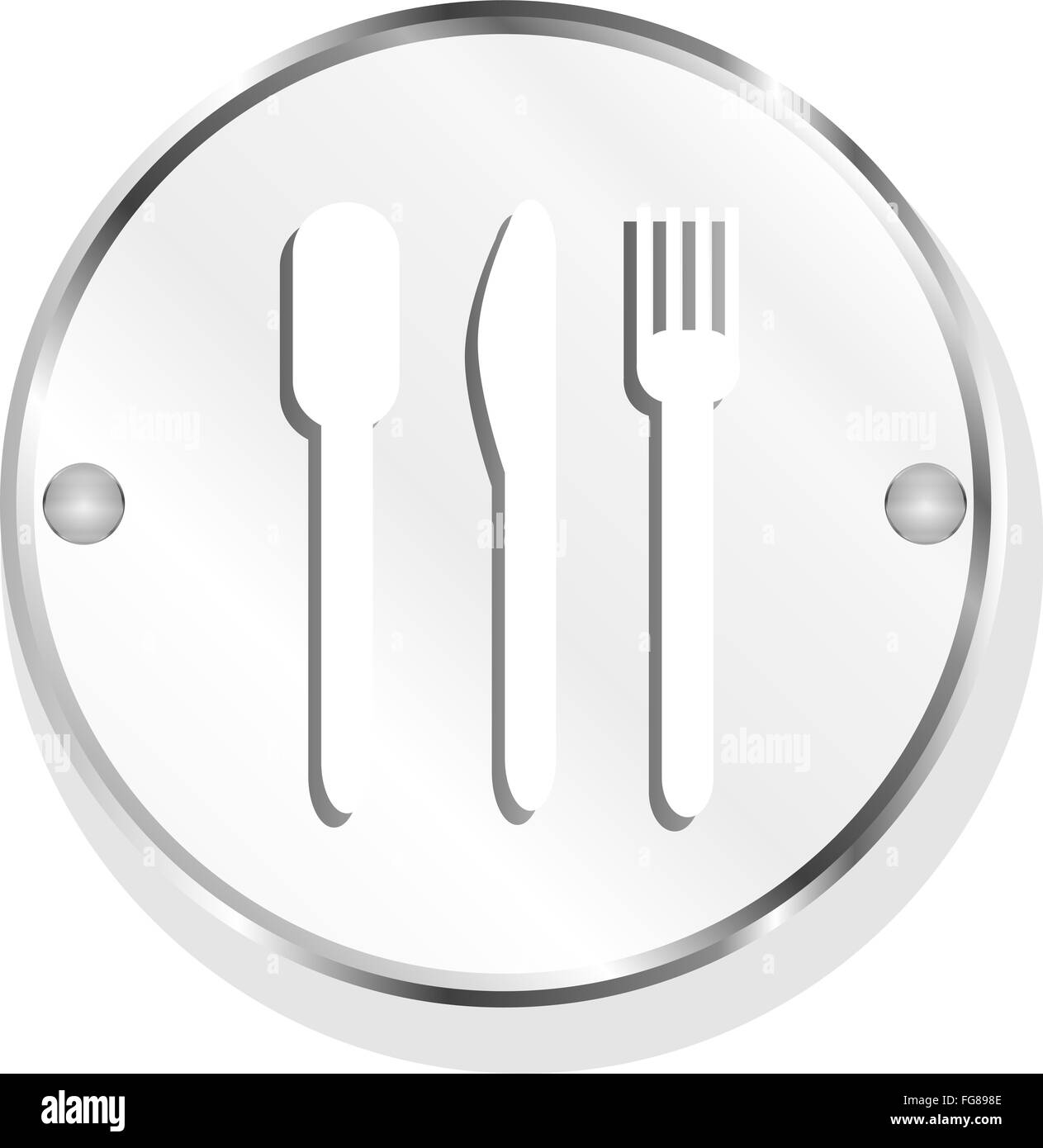 metal icon with spoon, knife and fork on button Stock Photo