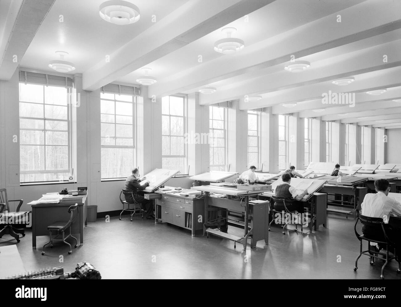 BELL LABORATORY, 1942. /nThe drafting room at the Bell Telephone Laboratory in Murray Hill, New Jersey. Photograph, 1942. Stock Photo
