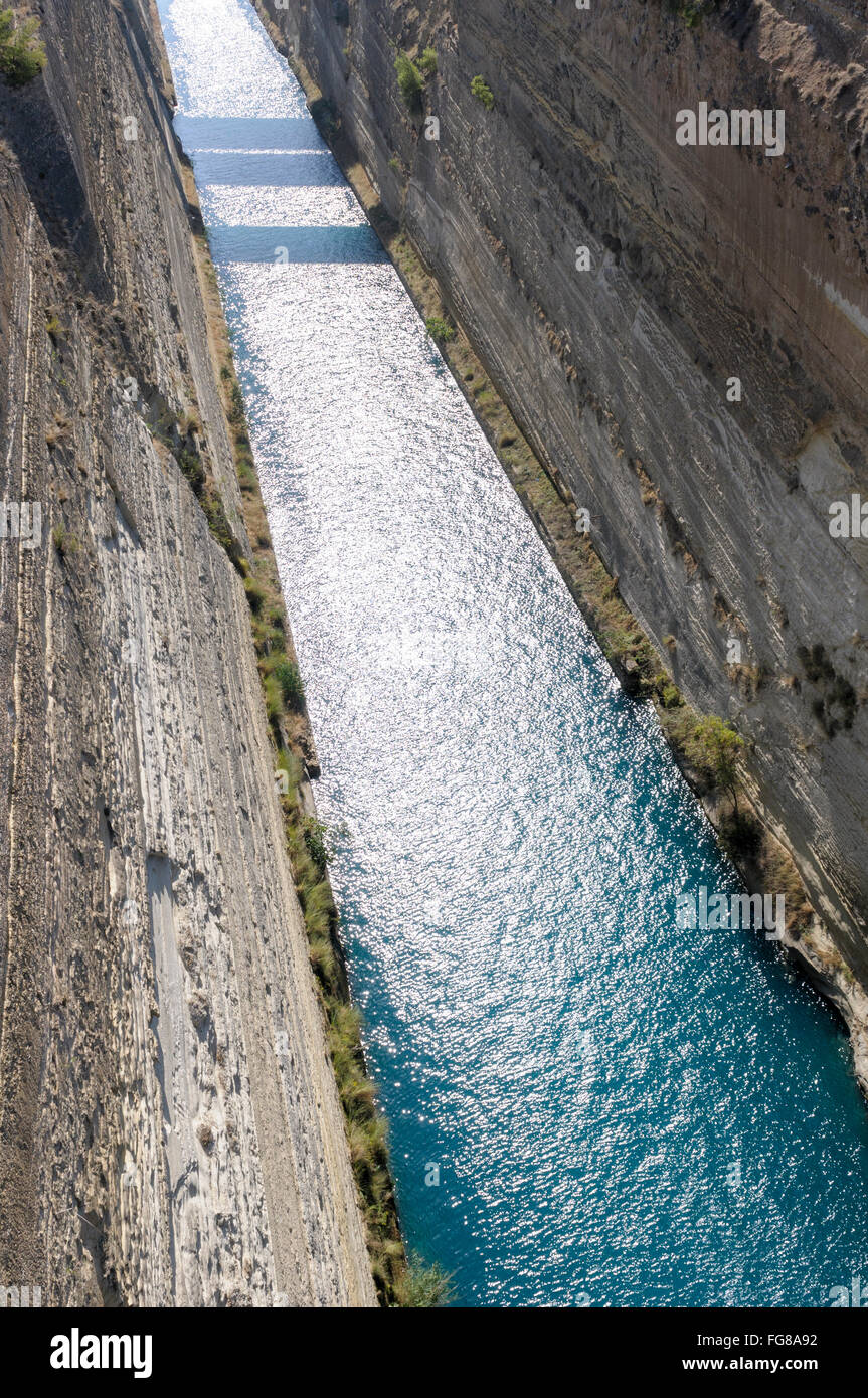 Looking down on the Corinth canal which cuts through the isthmus separating the Peloponesse from mainland Greece Stock Photo