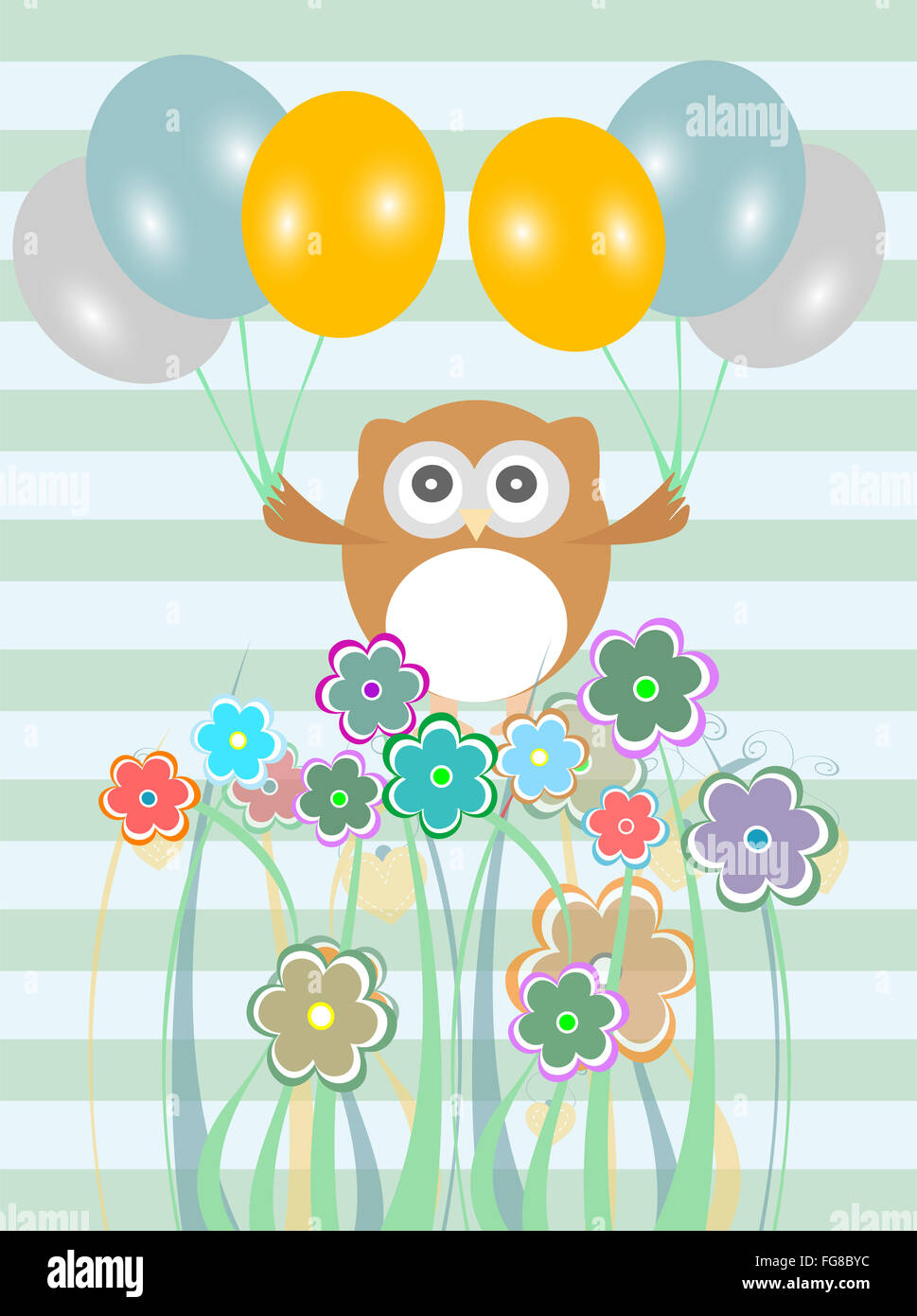 birthday party card with cute birds, owls and flowers Stock Photo - Alamy