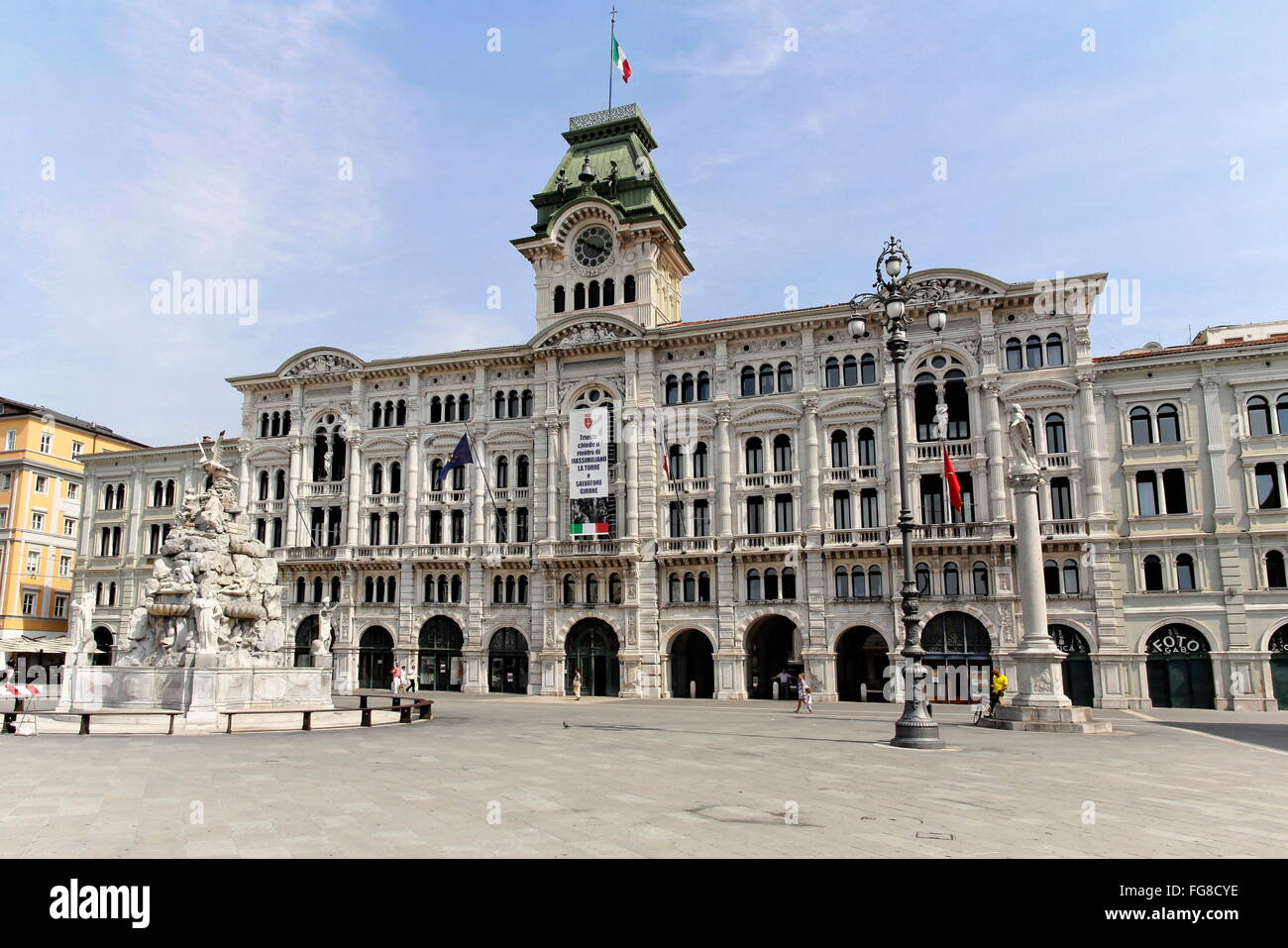 geography / travel, Italy, Friuli, Trieste, city hall), built: 1872 - 1875 by Giuseppe Bruni, fountain of the four continents, built: 1750 by Giovanni Mazzoleni, Piazza Unita, Additional-Rights-Clearance-Info-Not-Available Stock Photo