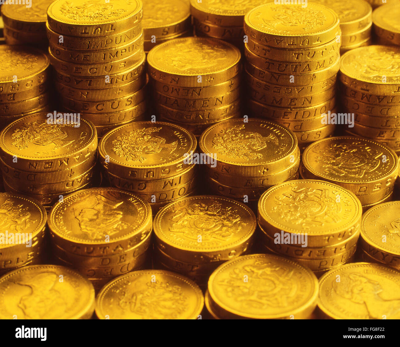 Rows of British pound coins, London, England, United Kingdom Stock Photo