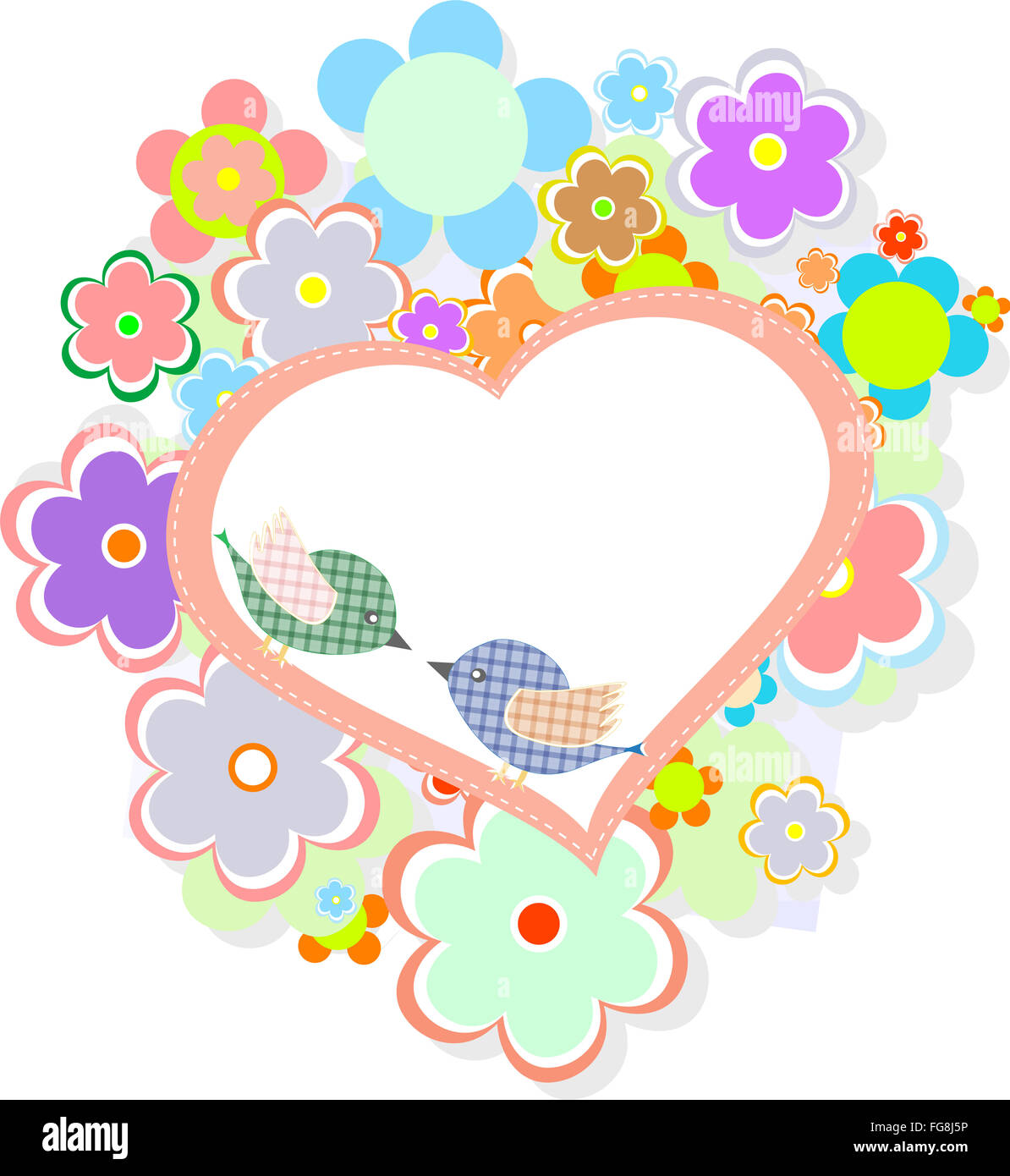 Birthday card with cute birds with flowers and heart Stock Photo - Alamy